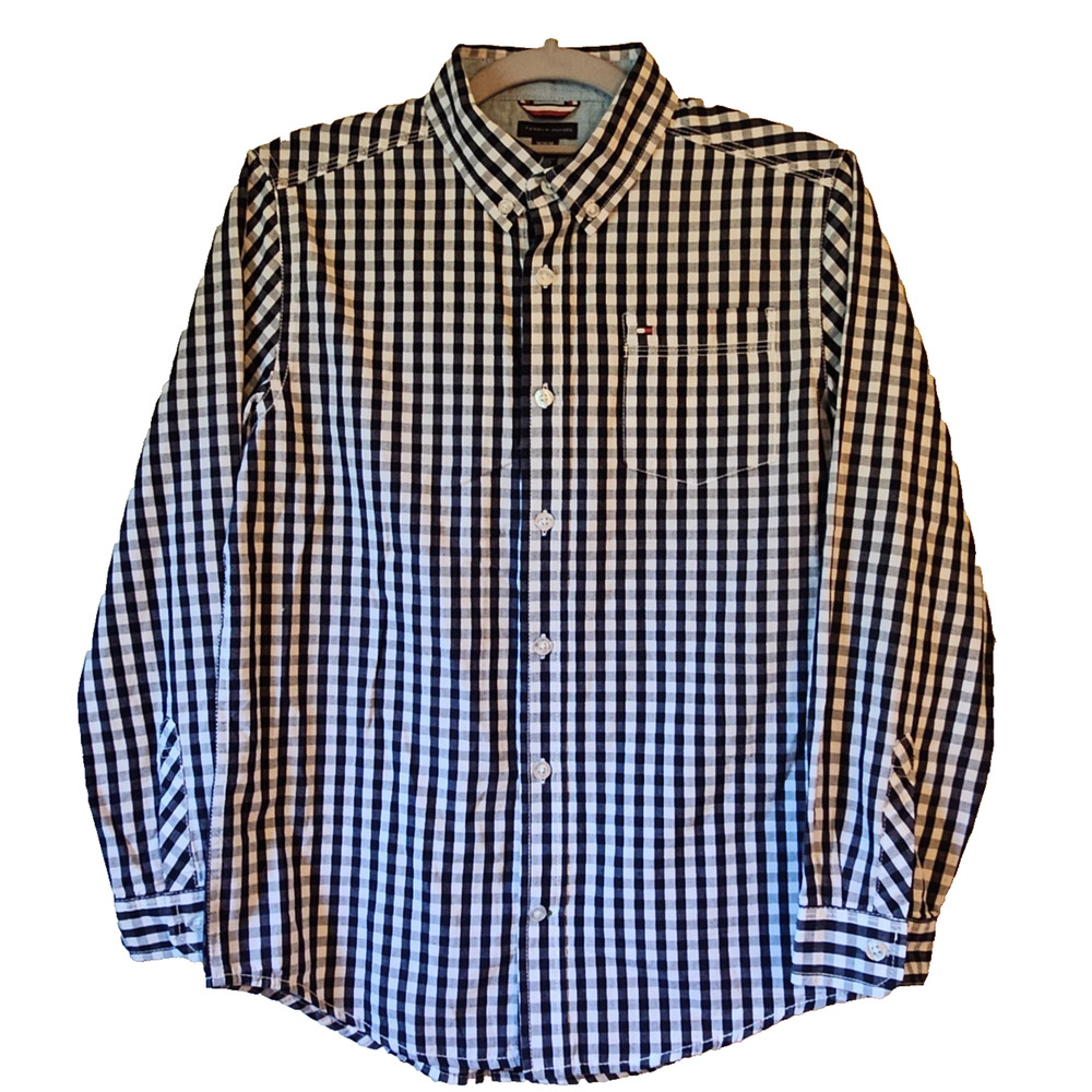 NWT Tommy Hilfiger Boys Button Down Shirt Sz M (12/14) Blue White Gingham Plaid